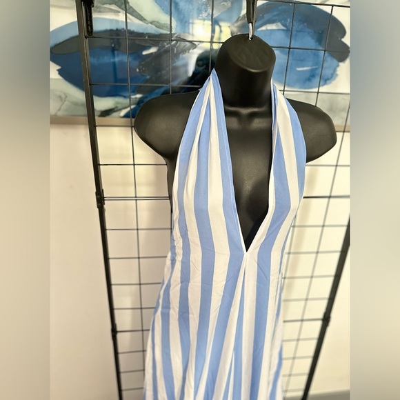 Light Blue Open Back Halter Tie Neck Zipper Closure Striped Detail Maxi Dress - Picture 7 of 17